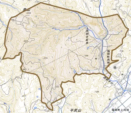 福岡町西明寺とその周辺の地図。町の範囲を重ねている