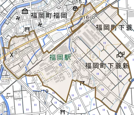 福岡町下蓑新とその周辺の地図。町の範囲を重ねている