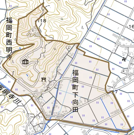 福岡町下向田とその周辺の地図。町の範囲を重ねている