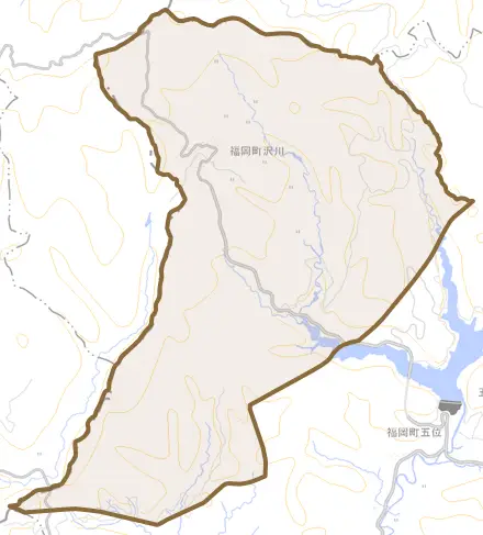 福岡町沢川とその周辺の地図。町の範囲を重ねている