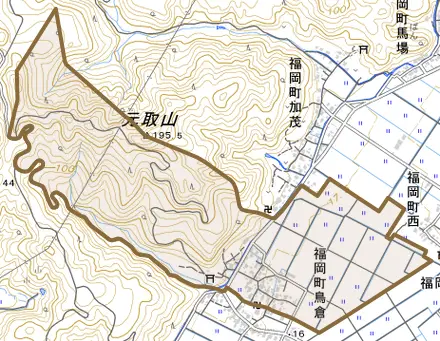 福岡町鳥倉とその周辺の地図。町の範囲を重ねている