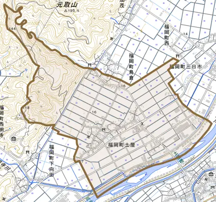 福岡町土屋とその周辺の地図。町の範囲を重ねている