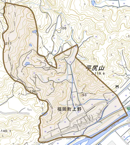 福岡町上野とその周辺の地図。町の範囲を重ねている
