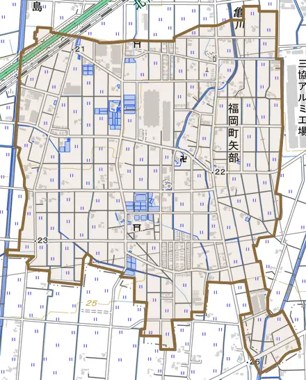 福岡町矢部とその周辺の地図。町の範囲を重ねている