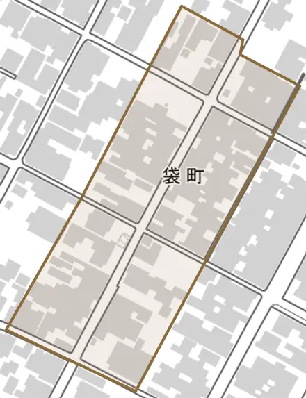 袋町とその周辺の地図。町の範囲を重ねている