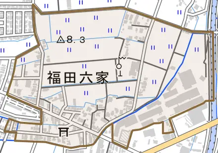 福田六家とその周辺の地図。町の範囲を重ねている
