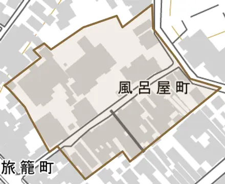 風呂屋町とその周辺の地図。町の範囲を重ねている