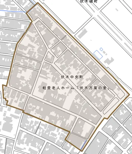 伏木中央町とその周辺の地図。町の範囲を重ねている