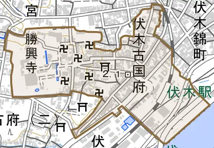 伏木古国府とその周辺の地図。町の範囲を重ねている
