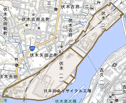 伏木とその周辺の地図。町の範囲を重ねている