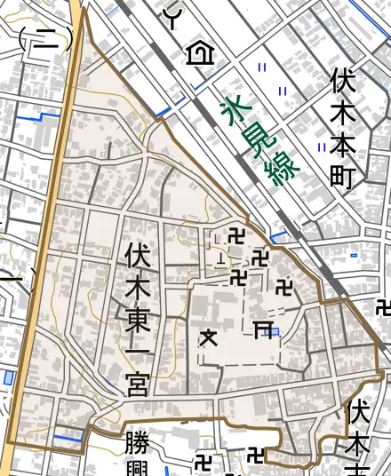 伏木東一宮とその周辺の地図。町の範囲を重ねている
