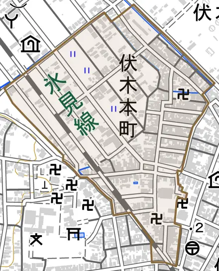 伏木本町とその周辺の地図。町の範囲を重ねている