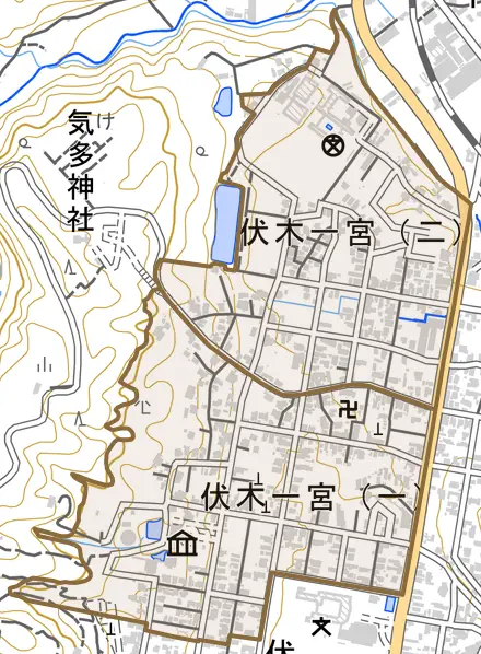 伏木一宮とその周辺の地図。町の範囲を重ねている