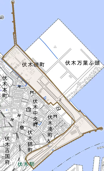 伏木磯町とその周辺の地図。町の範囲を重ねている