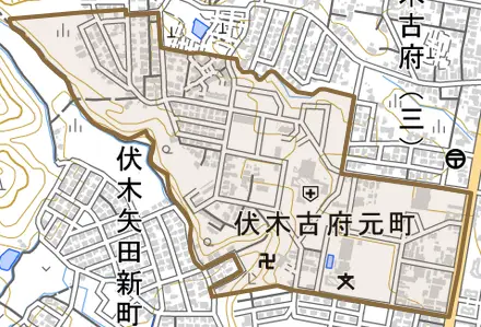 伏木古府元町とその周辺の地図。町の範囲を重ねている