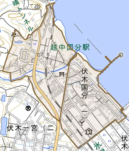 伏木国分とその周辺の地図。町の範囲を重ねている