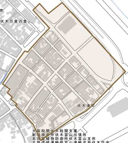伏木湊町とその周辺の地図。町の範囲を重ねている