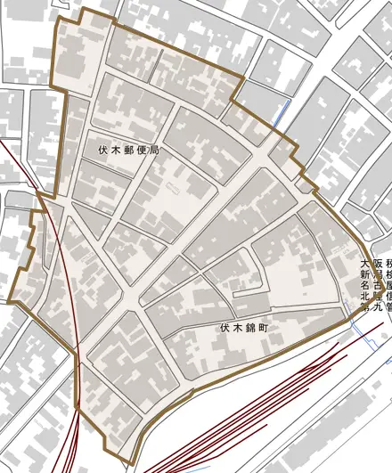 伏木錦町とその周辺の地図。町の範囲を重ねている