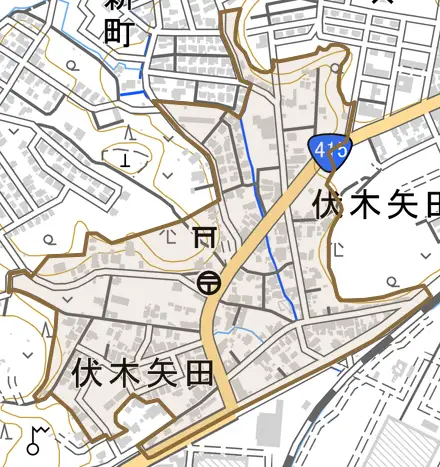 伏木矢田とその周辺の地図。町の範囲を重ねている