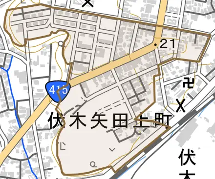 伏木矢田上町とその周辺の地図。町の範囲を重ねている