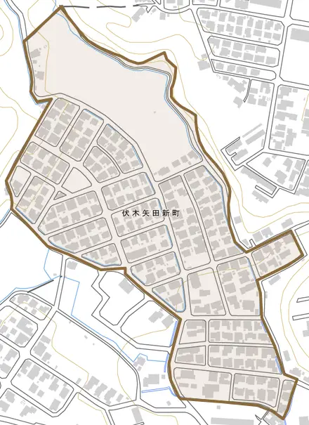 伏木矢田新町とその周辺の地図。町の範囲を重ねている