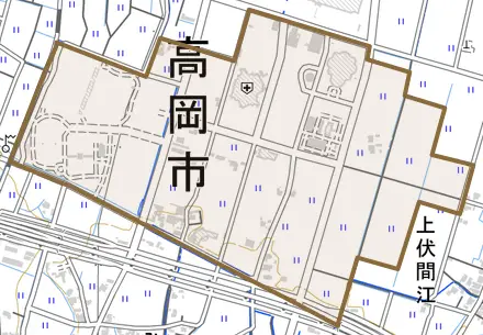 二塚とその周辺の地図。町の範囲を重ねている