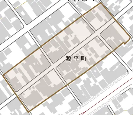 源平町とその周辺の地図。町の範囲を重ねている