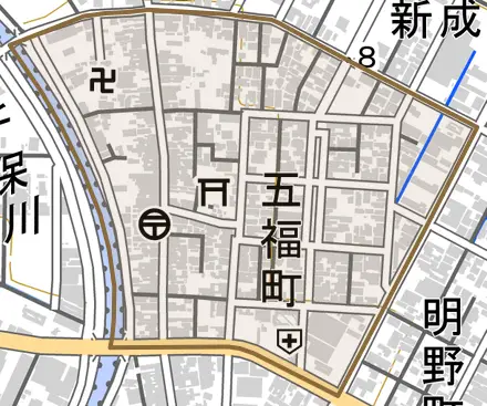 五福町とその周辺の地図。町の範囲を重ねている
