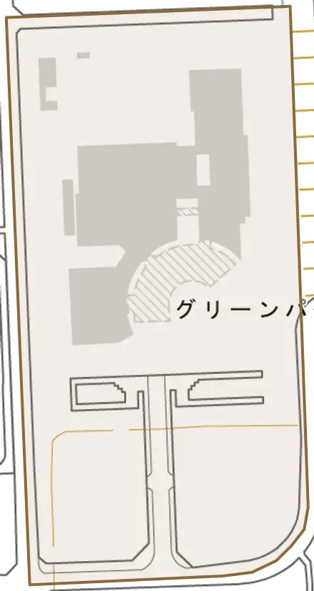 グリーンパークとその周辺の地図。町の範囲を重ねている