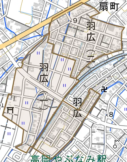 羽広とその周辺の地図。町の範囲を重ねている