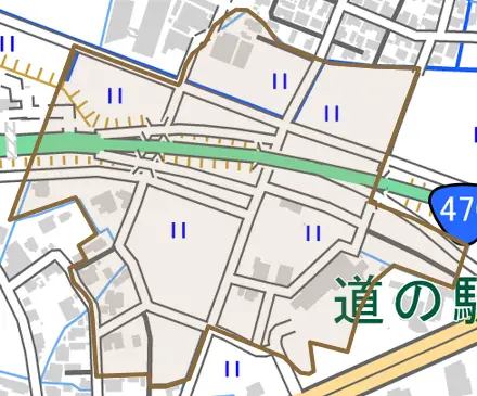 蜂ケ島とその周辺の地図。町の範囲を重ねている