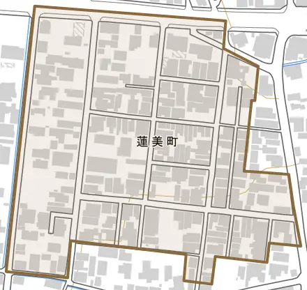 蓮美町とその周辺の地図。町の範囲を重ねている