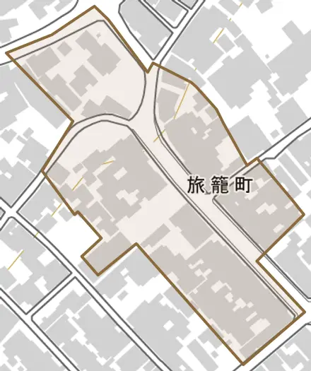 旅籠町とその周辺の地図。町の範囲を重ねている