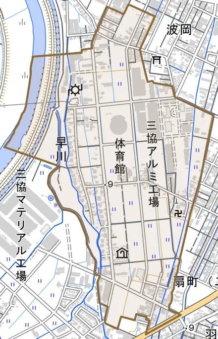 早川とその周辺の地図。町の範囲を重ねている
