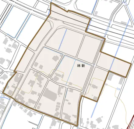 林新とその周辺の地図。町の範囲を重ねている