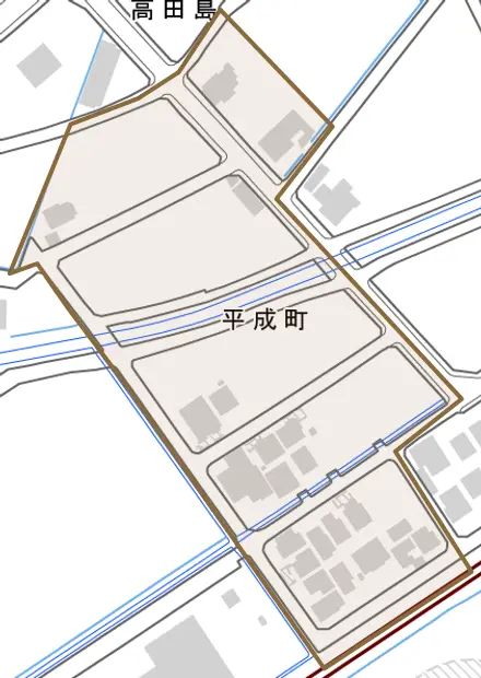 平成町とその周辺の地図。町の範囲を重ねている