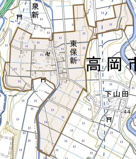 東保新とその周辺の地図。町の範囲を重ねている