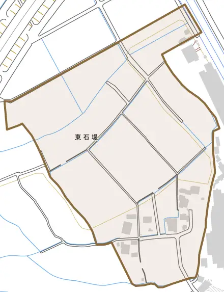 東石堤とその周辺の地図。町の範囲を重ねている