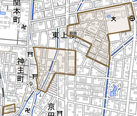 東上関とその周辺の地図。町の範囲を重ねている