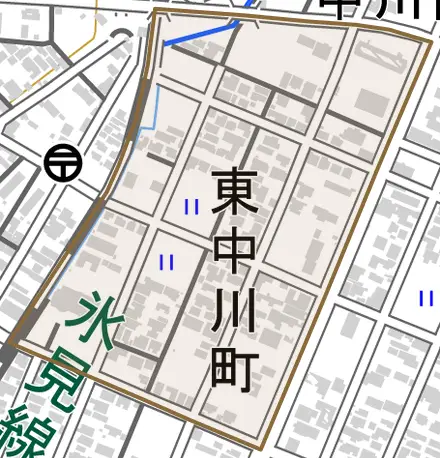 東中川町とその周辺の地図。町の範囲を重ねている