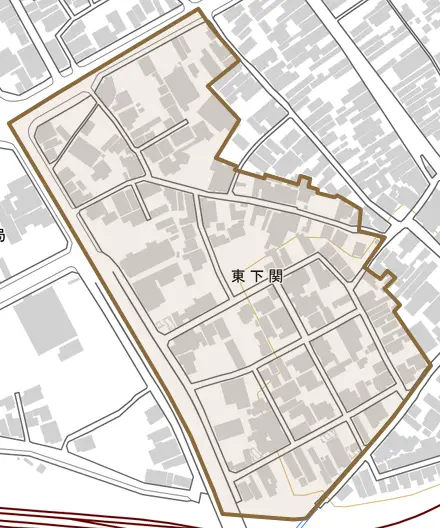 東下関とその周辺の地図。町の範囲を重ねている