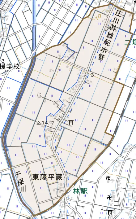 東藤平蔵とその周辺の地図。町の範囲を重ねている