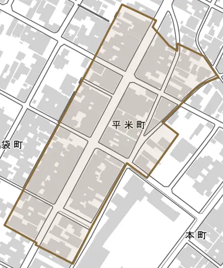 平米町とその周辺の地図。町の範囲を重ねている