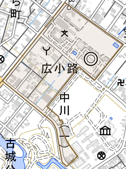 広小路とその周辺の地図。町の範囲を重ねている
