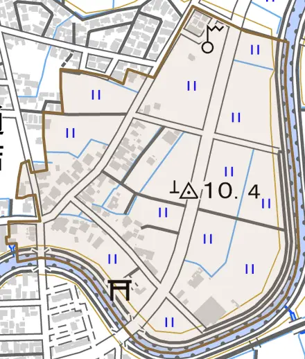 樋詰とその周辺の地図。町の範囲を重ねている