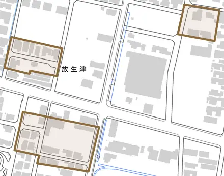 放生津とその周辺の地図。町の範囲を重ねている
