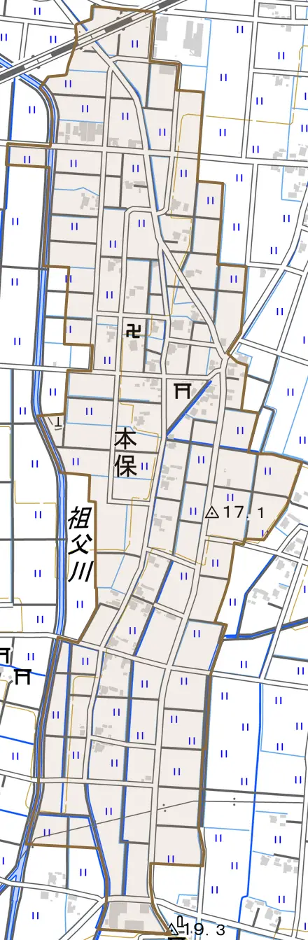 本保とその周辺の地図。町の範囲を重ねている