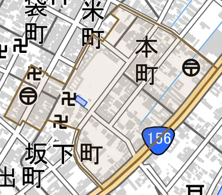 本町とその周辺の地図。町の範囲を重ねている