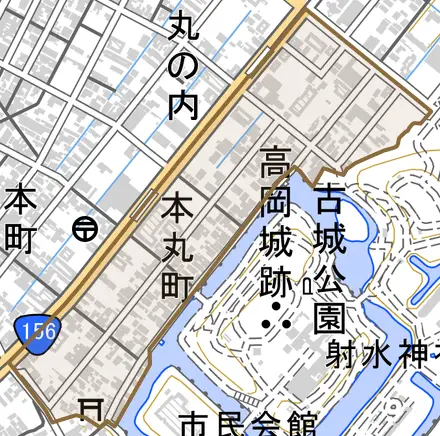 本丸町とその周辺の地図。町の範囲を重ねている