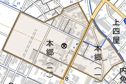 本郷とその周辺の地図。町の範囲を重ねている